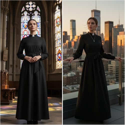 CAMDOM Church Clergy Dress for Women Long Sleeve A Line Elegant Maxi Dress with Tab Collar and Belt Black - Image 3
