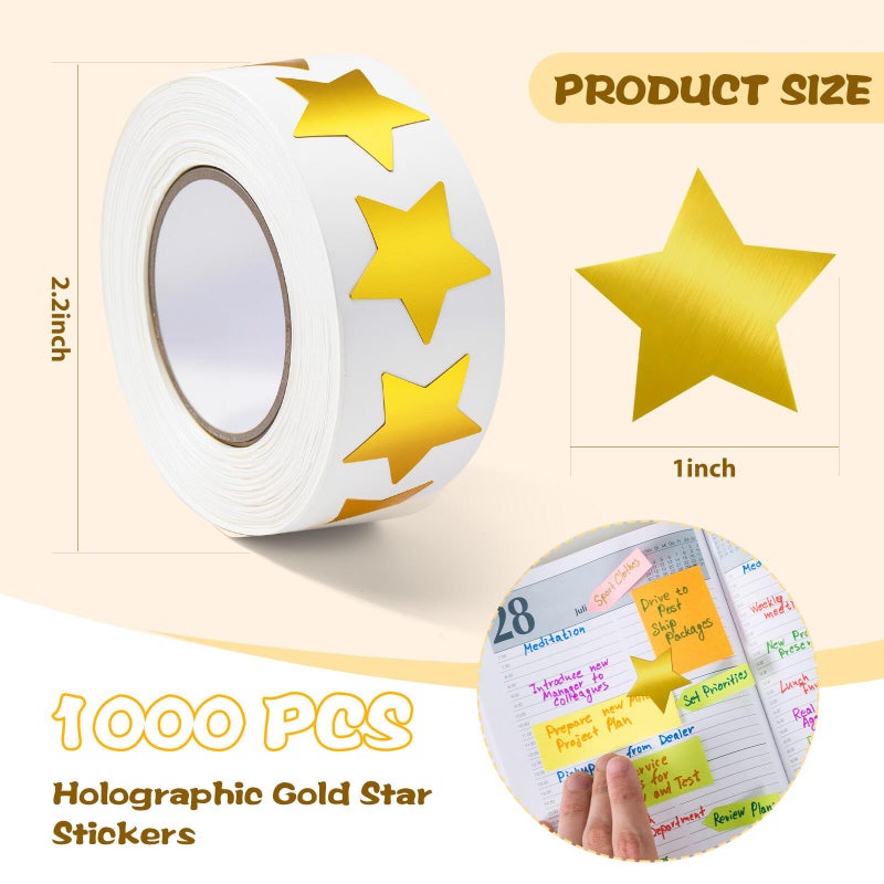Gsinodrs 1000Pcs Gold Star Stickers - 1 Inch Holographic Self-Adhesive Metallic Foil Star Labels, Sparkly Reward Stickers for Classroom Supplies, Teacher Incentives & Behavior Tracking - Image 2