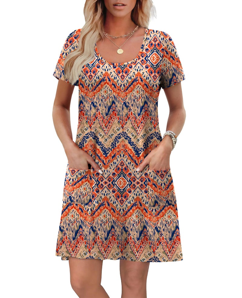 OFEEFAN Summer Boho Dresses for Women Beach Vacation Fashion 2026 U Neck Coverup Beach T Shirts Dress with Pockets Casual Sundresses 2026 Floral 01 XL - Image 2