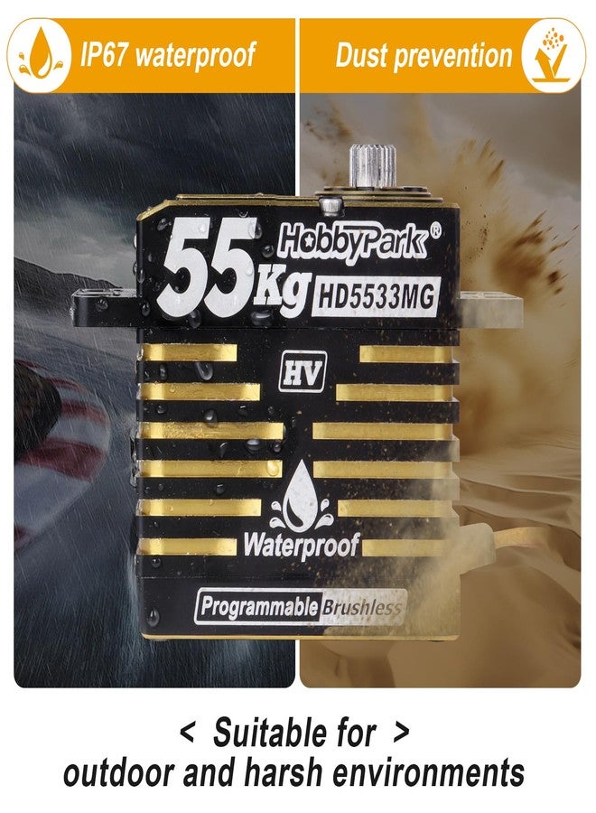 HobbyPark Waterproof RC Servo High Torque Brushless Motor Metal Gear Digital Servo Aluminum Case for 1/8 1/10 RC Crawler SCX10 TRX4 RC Truck Car Buggy RC Basher Control Angle 180° HV (55kg Torque) - Image 2
