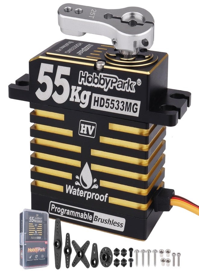 HobbyPark Waterproof RC Servo High Torque Brushless Motor Metal Gear Digital Servo Aluminum Case for 1/8 1/10 RC Crawler SCX10 TRX4 RC Truck Car Buggy RC Basher Control Angle 180° HV (55kg Torque) - Image 1
