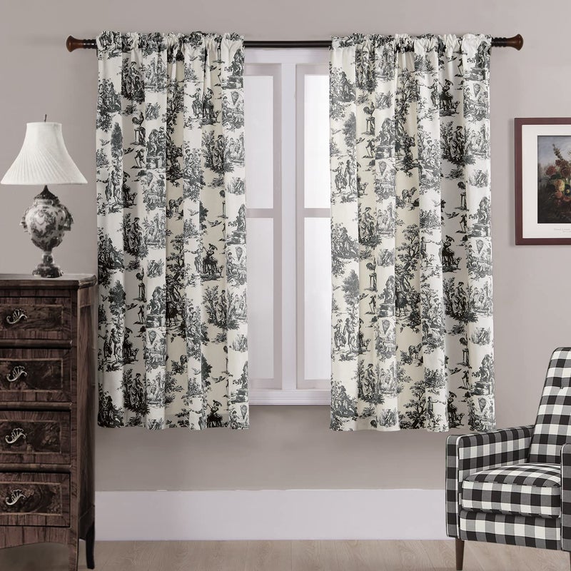 XTMYI 63 Inch Length Living Room Bedroom Window Drapes Curtain SetNice European Parisian Antique Toile Floral Grey White and Black Out Curtains 63 Inch Long 2 Panels