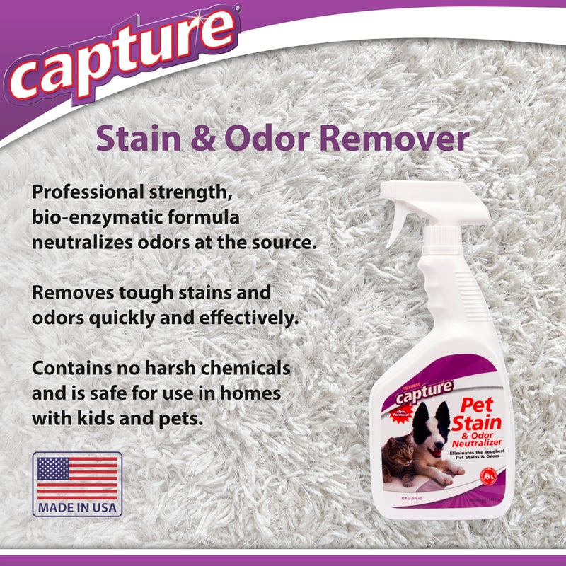 Capture Pet Stain & Odor Remover - Enzyme Pet Odor Eliminator for Home, Carpet Stain Remover for Cats & Dog Pee, Cat Urine Destroyer, Carpet Cleaner Spray - 32oz Portable Spray Bottle (2 Pack) - Image 4