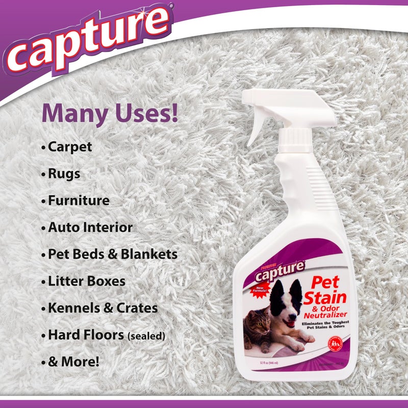 Capture Pet Stain & Odor Remover - Enzyme Pet Odor Eliminator for Home, Carpet Stain Remover for Cats & Dog Pee, Cat Urine Destroyer, Carpet Cleaner Spray - 32oz Portable Spray Bottle (2 Pack) - Image 3