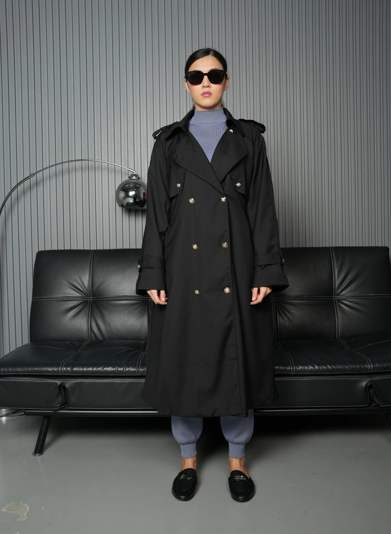 Andy Stylish Double-Breasted Trench Coat with Belted Waist and Shoulder Epaulettes - Modern and Sophisticated | Black - Image 1