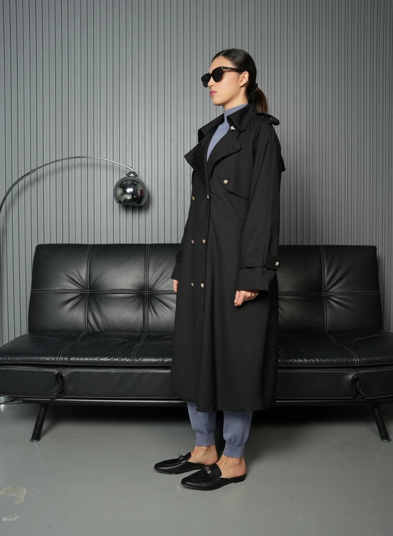 Andy Stylish Double-Breasted Trench Coat with Belted Waist and Shoulder Epaulettes - Modern and Sophisticated | Black - Image 2