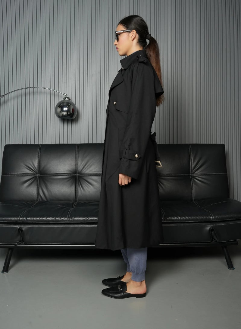 Andy Stylish Double-Breasted Trench Coat with Belted Waist and Shoulder Epaulettes - Modern and Sophisticated | Black - Image 3