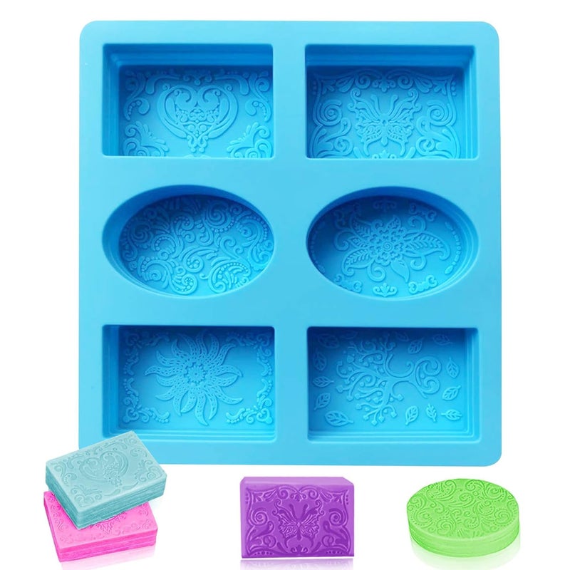 MoldBerry Silicone Soap Mold 6 Cavity Oval Rectangle Shape Flower Designed Soap Mould Imprint Flower Soap Mold for Making Homemade Soaps Bath Bomb Bath Bar Multicolor PK1