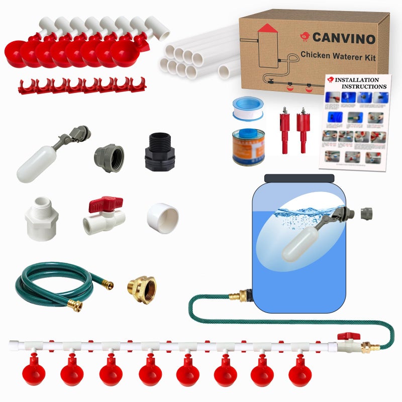 CANVINO Automatic Chicken Waterer System (45 Accessories Included), Complete PVC Pipelines Set with Chicken Water Cups, Float Valve and Garden Hose, DIY Chicken Watering System (No Bucket Included) - Image 1
