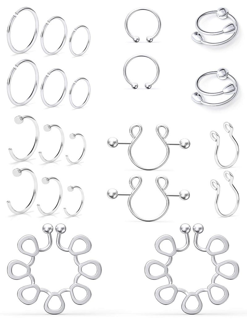 SCERRING Fake Nipple Ring Stainless Steel Face Non-Piercing Nipple Rings Clip On Nipplerings Faux Body Piercing Jewelry for Women Men 11 Pairs Silver - Image 1