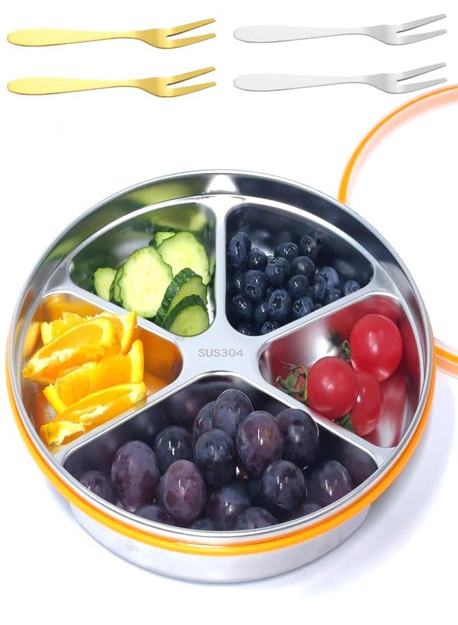 VAlinks Divided Serving Tray with Lid SUS 304 Snackle Box Reusable Veggie Tray Serving Plate with 4 Forks Stainless Steel Snack Platter for Picnic Party and Travel 5 Compartments - Image 2