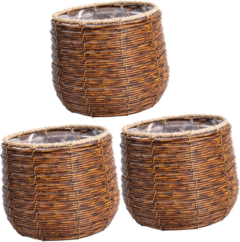 Brown Rattan Woven Storage Basket Set Of 3 Kitchen Countertop Fruit Organizer 17X17X15CM - Image 1