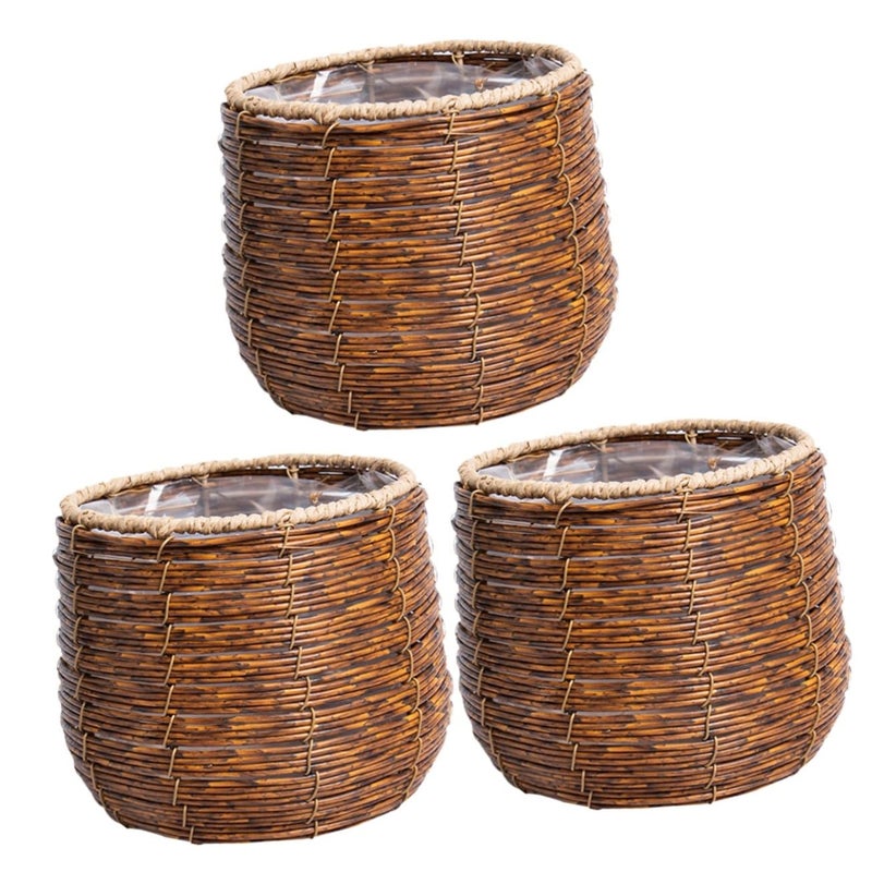 Brown Rattan Woven Storage Basket Set Of 3 Kitchen Countertop Fruit Organizer 17X17X15CM - Image 2