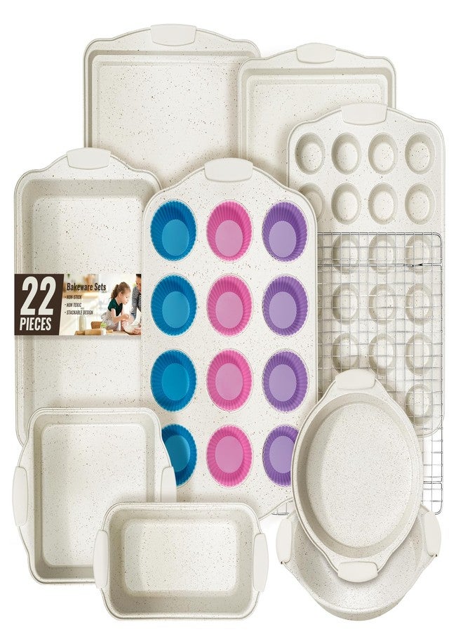 AIVIKI Baking Pans Set Nonstick, Stackable Bakeware Sets with Silicone Handles, AIVIKI 22 Pieces Oven Pan for Cooking Including Baking Cookie Sheet with Rack, Roast Pan, Cake Pan, Loaf Pan, Muffin Pan, Cream - Image 1