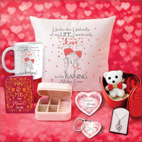 PICRAZEE Romantic Gift Combo (Cushion+Filler, Mug, Teddy-Roses in Metal Box, K-Ring, F-Magnet, G-Card, Jewelry Box, Heart Pendant) Perfect Love Gift - Image 1
