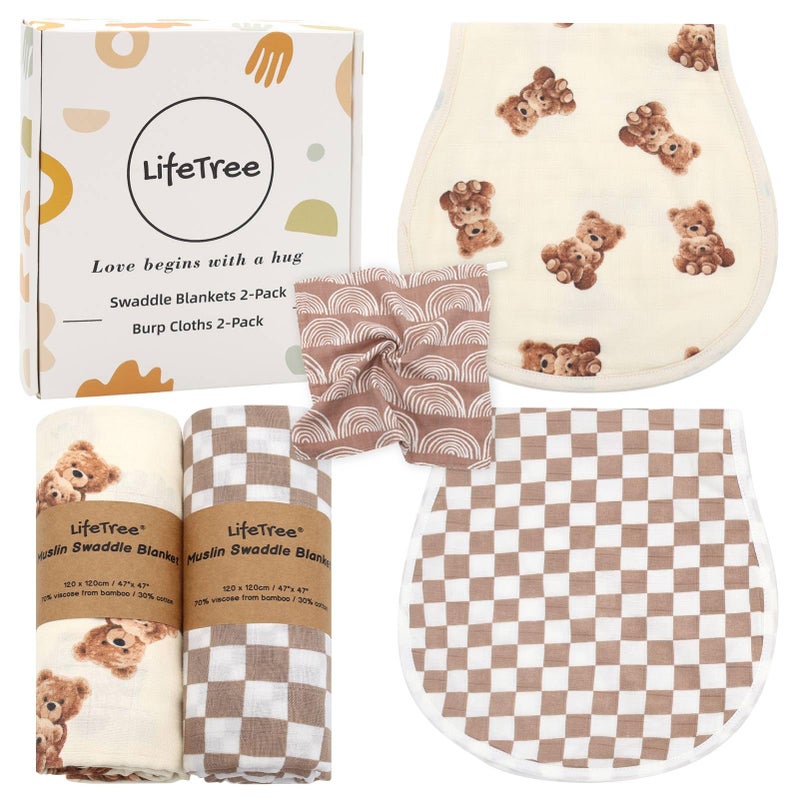 LifeTree Baby Swaddle Blankets 2 Pack and Burp Cloths 2 Pack Set, Muslin Swaddling Wrap Receiving Blanket for Newborn, 70% Viscose from Bamboo and 30% Cotton, Large 47" x 47", Bear and Checkered - Image 1