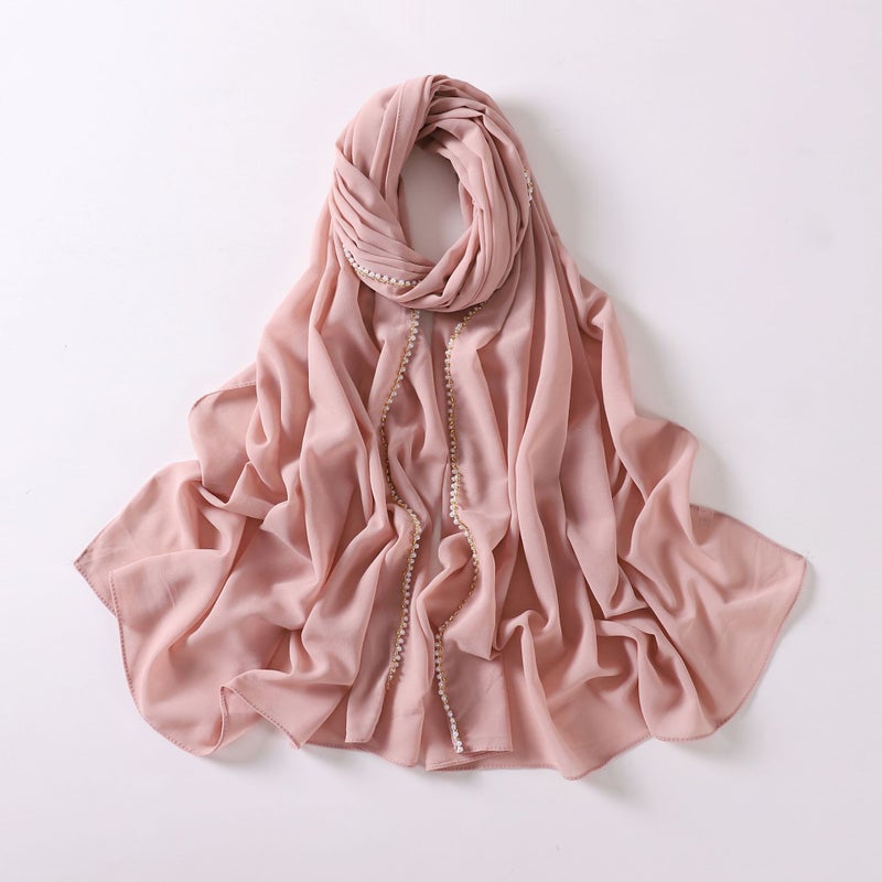 75D Pearl Chiffon Beaded Scarf Ethnic Hijab Lotus root color 