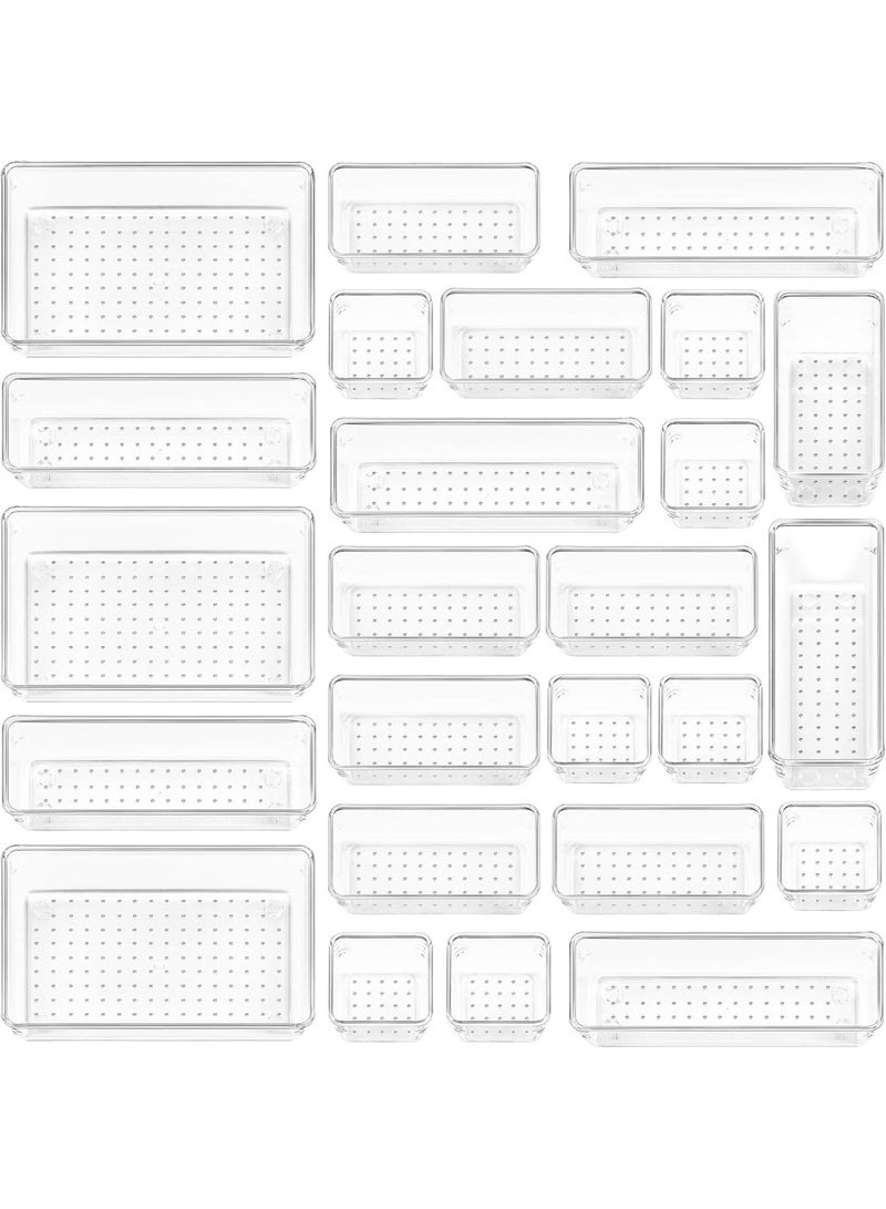 25 PCS Clear Plastic Drawer Organizers Set, 4-Size Versatile Bathroom and Vanity Drawer Organizer Trays, Storage Bins for Makeup, Bedroom, Kitchen Gadgets Utensils and Office - Image 1
