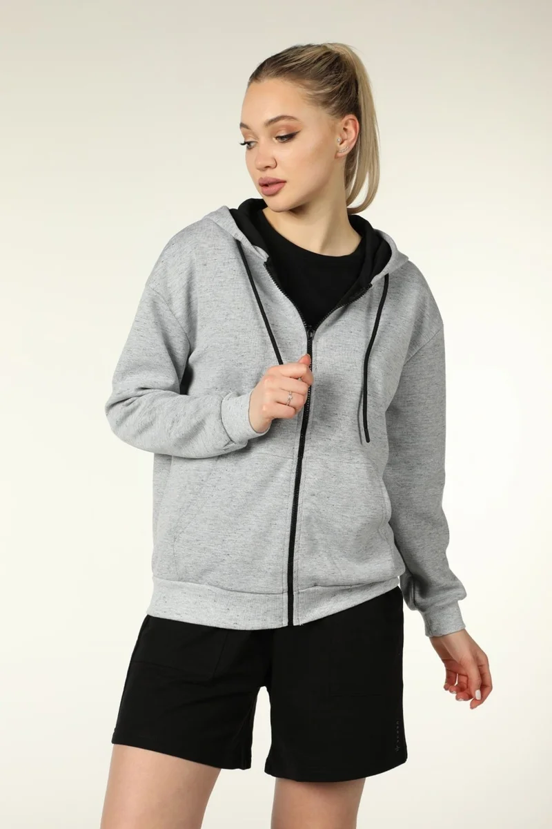 Defy's Women's Hooded Zippered Oversize Pattern Sweatshirt Fleece Gray Melange