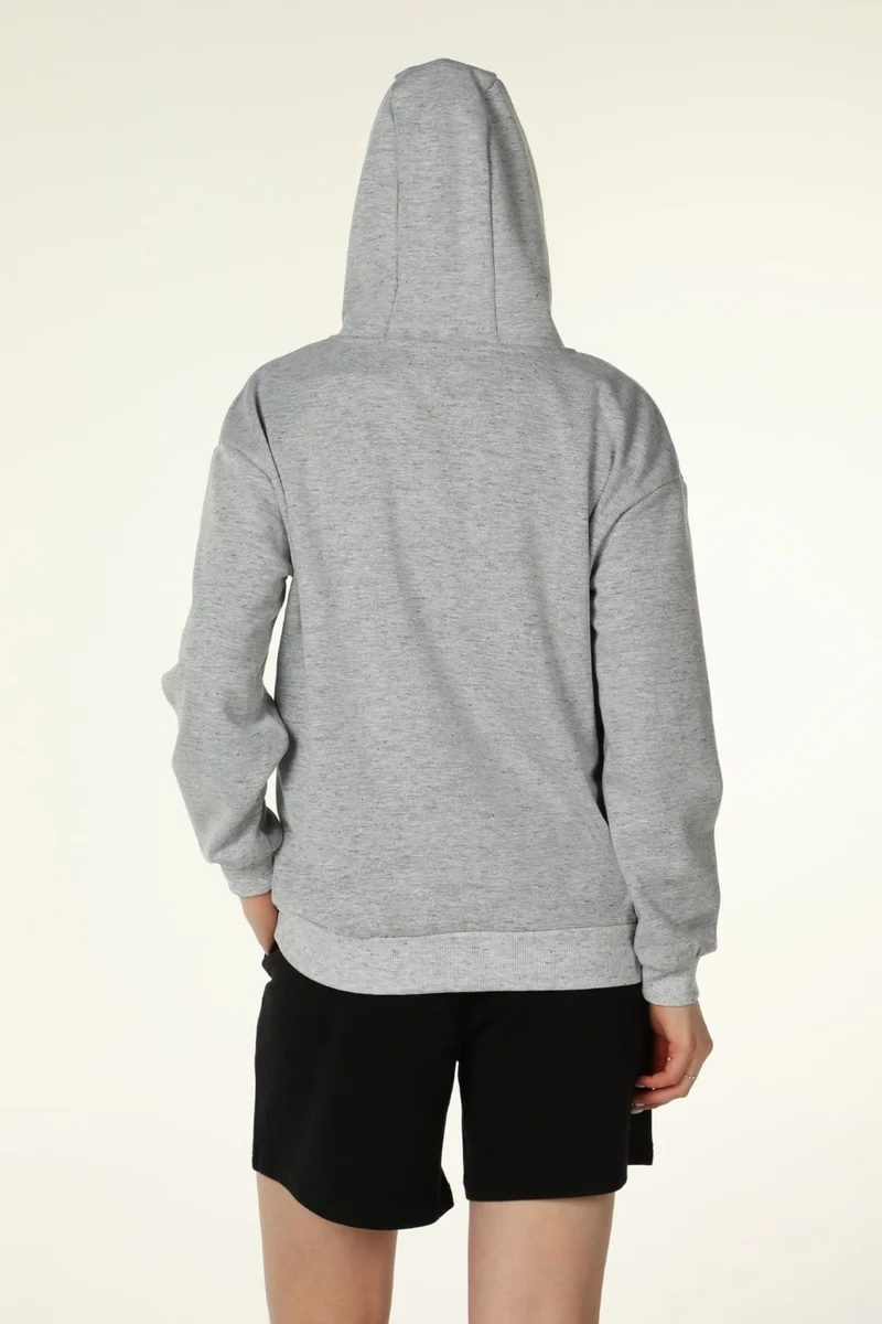 Defy's Women's Hooded Zippered Oversize Pattern Sweatshirt Fleece Gray Melange