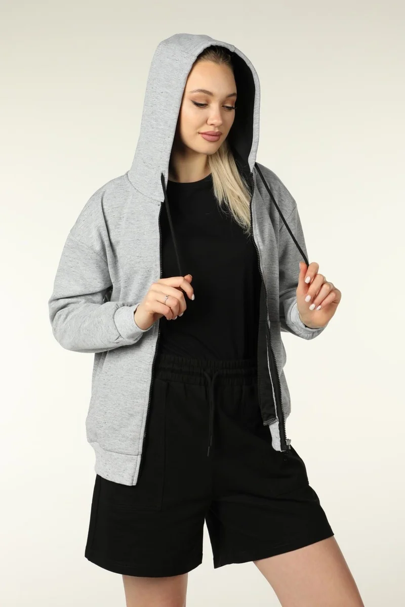Defy's Women's Hooded Zippered Oversize Pattern Sweatshirt Fleece Gray Melange