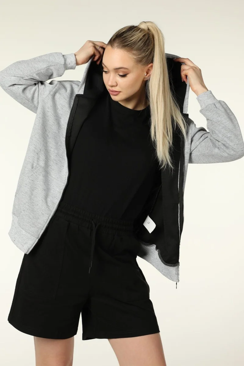 Defy's Women's Hooded Zippered Oversize Pattern Sweatshirt Fleece Gray Melange