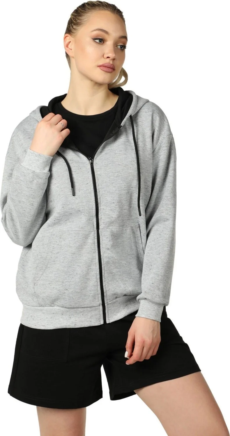 Defy's Women's Hooded Zippered Oversize Pattern Sweatshirt Fleece Gray Melange