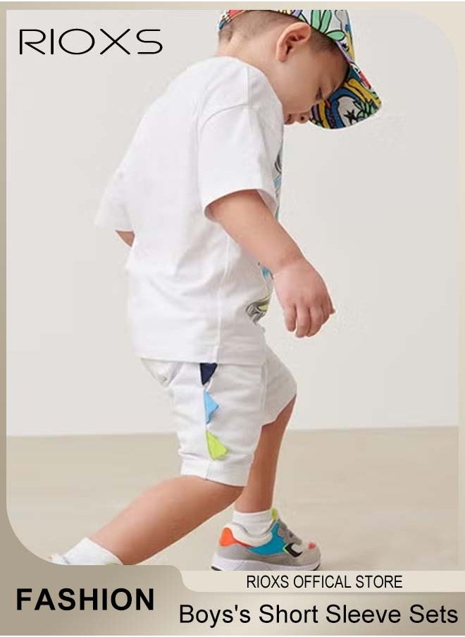 RIOXS - Toddler Baby Boys Top And Short Sets, Kids Short Sleeve Shirt And Short Pants Suits, Breathable 100% Cotton Outfits, Boy's Summer Playwear Suits, Dinosaur Printing Clothing Sets - Image 1