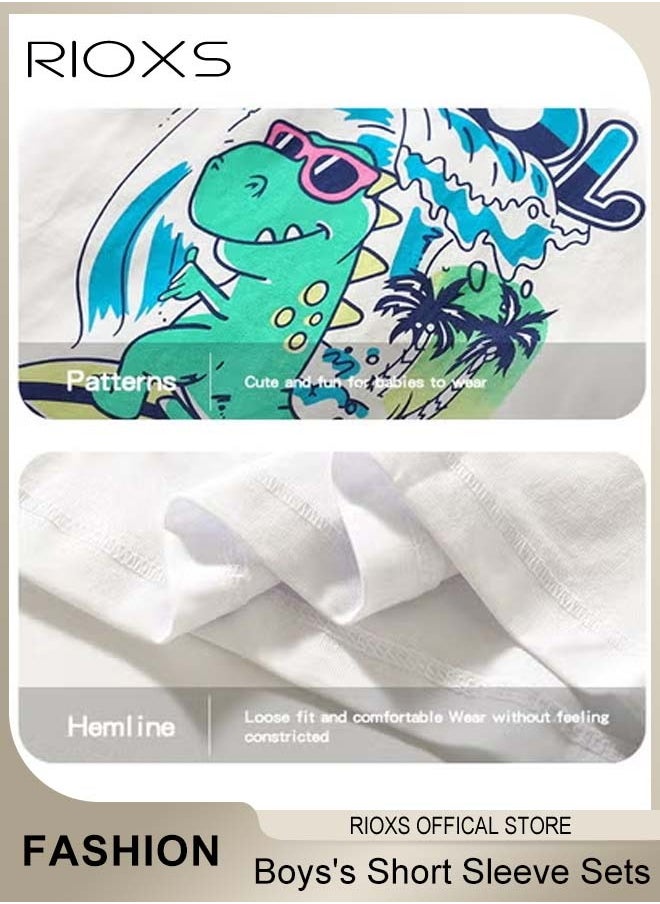 RIOXS - Toddler Baby Boys Top And Short Sets, Kids Short Sleeve Shirt And Short Pants Suits, Breathable 100% Cotton Outfits, Boy's Summer Playwear Suits, Dinosaur Printing Clothing Sets - Image 1