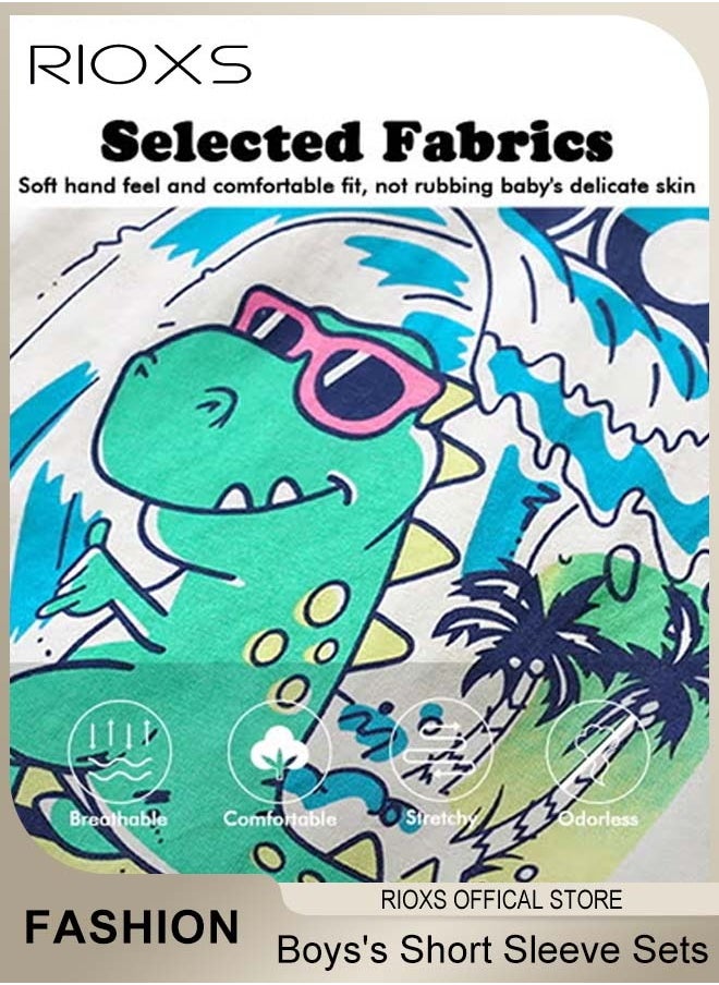RIOXS - Toddler Baby Boys Top And Short Sets, Kids Short Sleeve Shirt And Short Pants Suits, Breathable 100% Cotton Outfits, Boy's Summer Playwear Suits, Dinosaur Printing Clothing Sets - Image 1