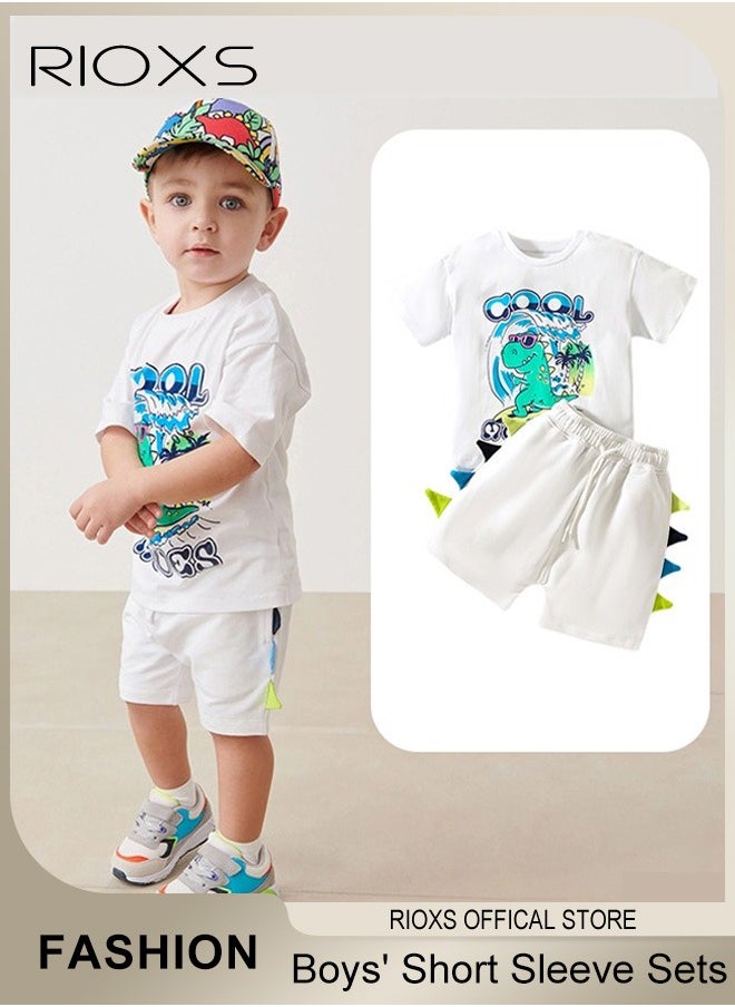 RIOXS - Toddler Baby Boys Top And Short Sets, Kids Short Sleeve Shirt And Short Pants Suits, Breathable 100% Cotton Outfits, Boy's Summer Playwear Suits, Dinosaur Printing Clothing Sets - Image 1