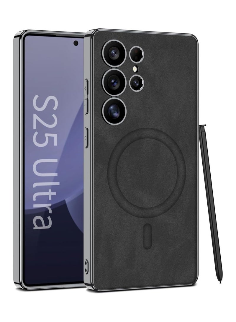 General Magnetic Case Compatible with Samsung Galaxy S25 Ultra Case, Electroplating Vegan Leather Frosted Phone Case Soft Edge Protective Cover Support Wireless Charging  - Image 1