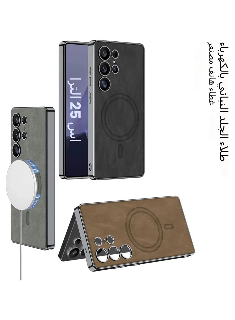 General Magnetic Case Compatible with Samsung Galaxy S25 Ultra Case, Electroplating Vegan Leather Frosted Phone Case Soft Edge Protective Cover Support Wireless Charging  - Image 2