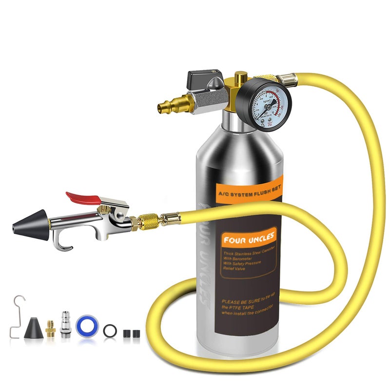 FOUR UNCLES AC Flush Kit - Air Conditioner System Cleaning Tool Set with Stainless Steel Canister and Nylon Hose & Flushing Spray Gun for R134a R12 R22 R410a R404a - Image 1