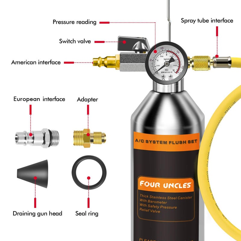 FOUR UNCLES AC Flush Kit - Air Conditioner System Cleaning Tool Set with Stainless Steel Canister and Nylon Hose & Flushing Spray Gun for R134a R12 R22 R410a R404a - Image 4