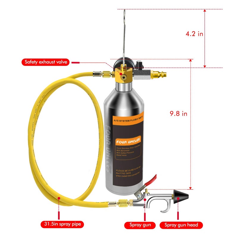 FOUR UNCLES AC Flush Kit - Air Conditioner System Cleaning Tool Set with Stainless Steel Canister and Nylon Hose & Flushing Spray Gun for R134a R12 R22 R410a R404a - Image 5