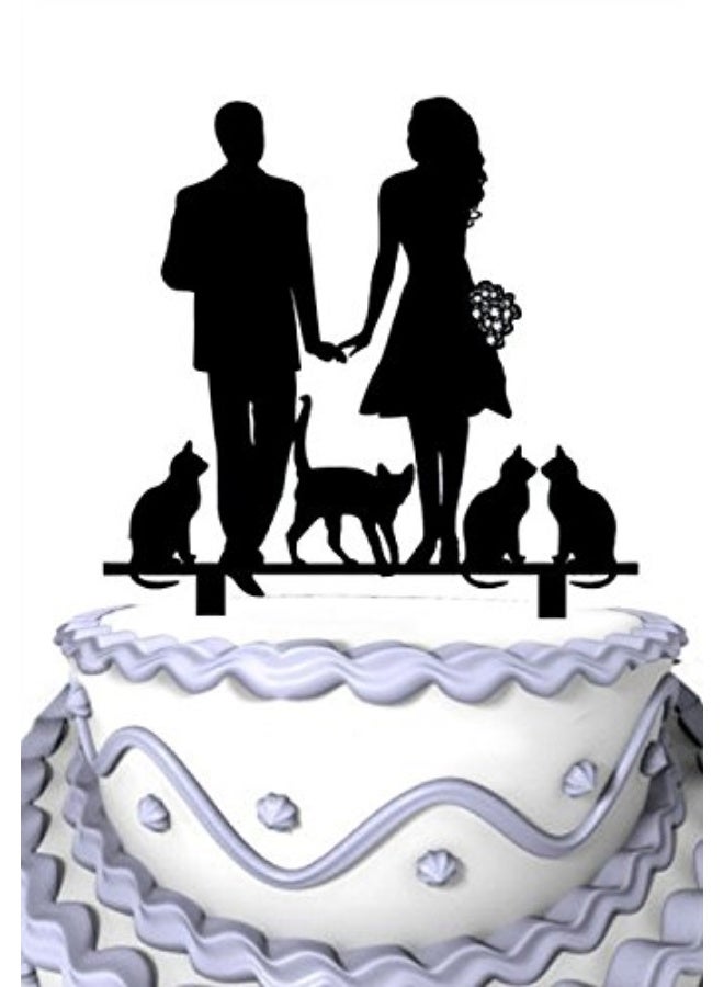 Meijiafei Bride and Groom Hand in Hand with 4 Cats Family Wedding Decoration - Image 1