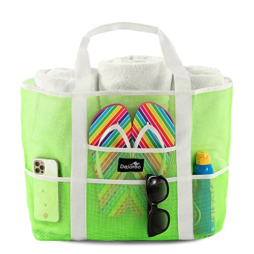 Dejaroo Mesh Sand Free Bag - Strong Lightweight Tote For Beach & Vacation Essentials. Tons of Storage with 8 Pockets, Foldable, 17x9x15 inches, Neon Green with White Straps - Image 1