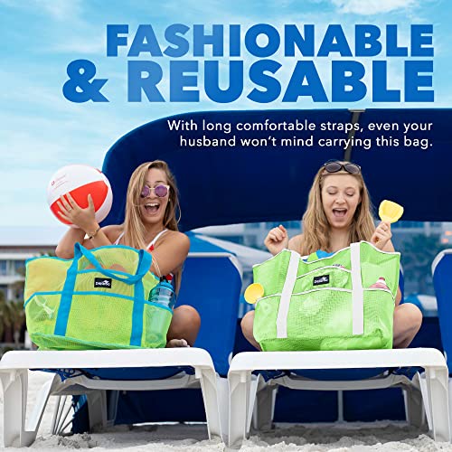 Dejaroo Mesh Sand Free Bag - Strong Lightweight Tote For Beach & Vacation Essentials. Tons of Storage with 8 Pockets, Foldable, 17x9x15 inches, Neon Green with White Straps - Image 4