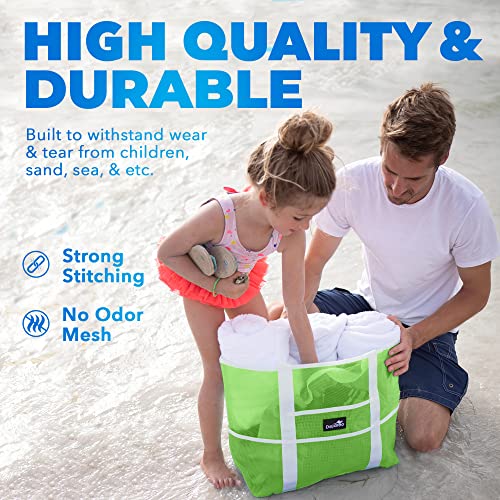 Dejaroo Mesh Sand Free Bag - Strong Lightweight Tote For Beach & Vacation Essentials. Tons of Storage with 8 Pockets, Foldable, 17x9x15 inches, Neon Green with White Straps - Image 5