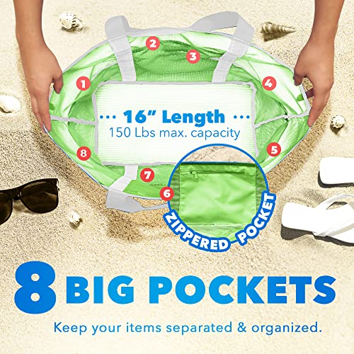 Dejaroo Mesh Sand Free Bag - Strong Lightweight Tote For Beach & Vacation Essentials. Tons of Storage with 8 Pockets, Foldable, 17x9x15 inches, Neon Green with White Straps - Image 3