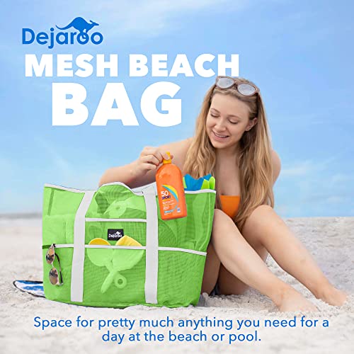 Dejaroo Mesh Sand Free Bag - Strong Lightweight Tote For Beach & Vacation Essentials. Tons of Storage with 8 Pockets, Foldable, 17x9x15 inches, Neon Green with White Straps - Image 2