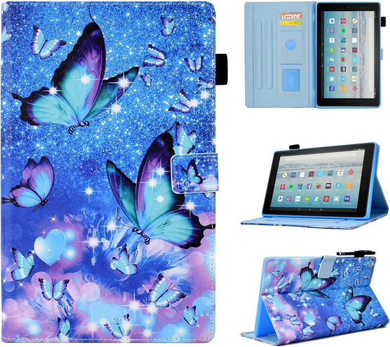 حافظة واقية من نوع "Folio Stand Cover" مصنوعة من جلد PU عالي الجودة لجهاز Fire HD 8 (الجيل الثامن/السابع/السادس، إصدارات 2018/2017/2016)، تتميز بتصميم يشبه فراشة زرقاء. - Image 1