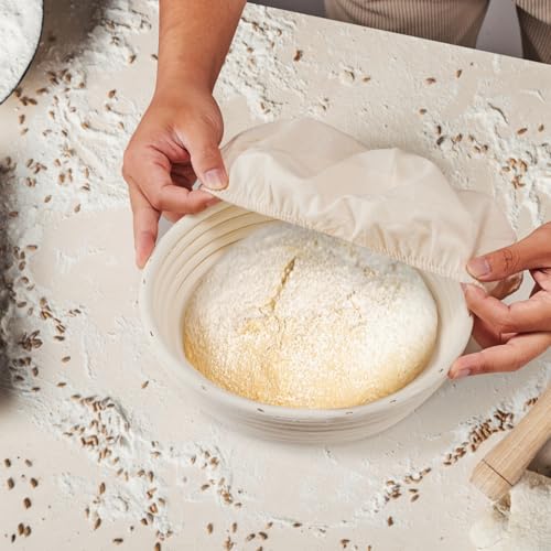 Dimpola Banneton Bread Proofing Basket - 9 inch Banneton Basket Set of 2 Sourdough Proofing Basket Round Proofing Bowls Handmade Rattan Baskets and Liners - Image 5