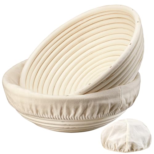Dimpola Banneton Bread Proofing Basket - 9 inch Banneton Basket Set of 2 Sourdough Proofing Basket Round Proofing Bowls Handmade Rattan Baskets and Liners - Image 1
