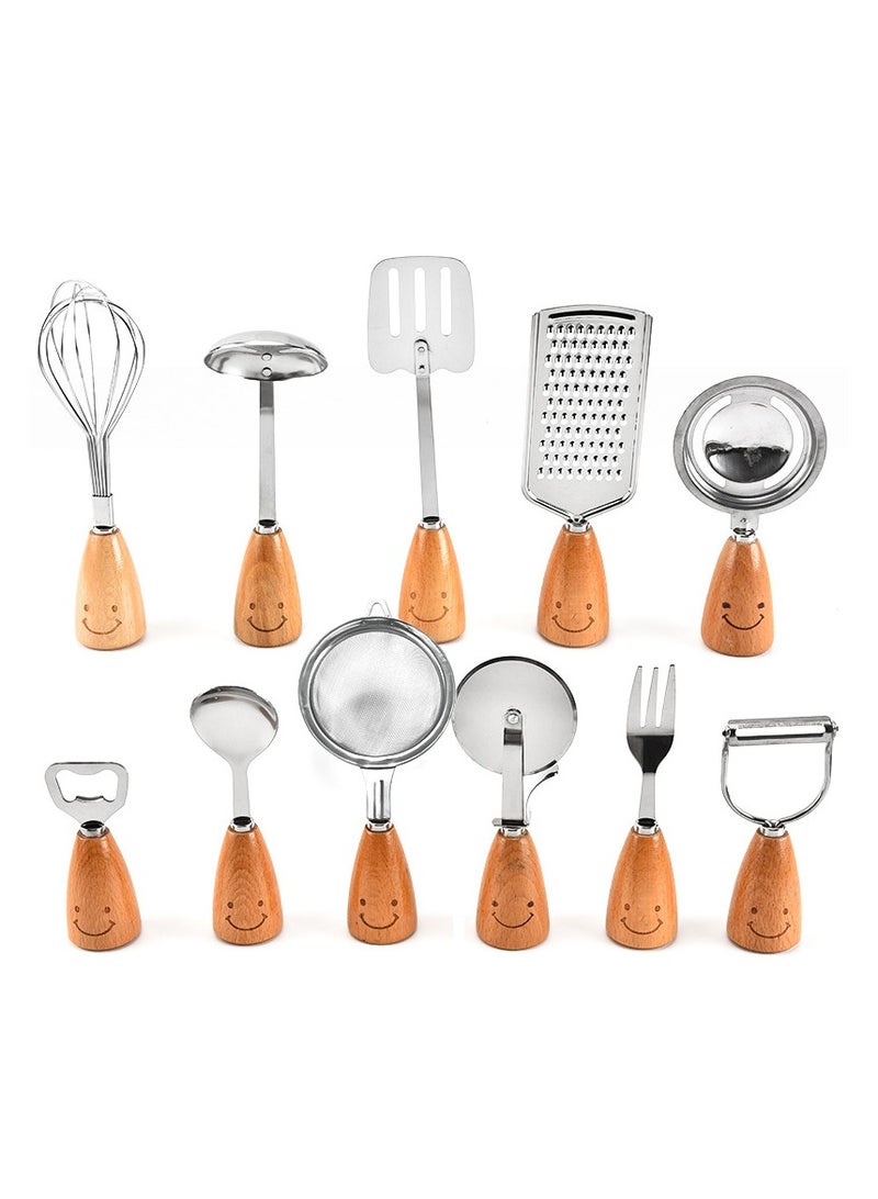 عام طقم أدوات المطبخ Smiley Face ، طقم خبز DIY ، 11 قطعة من خشب الزان - طقم أدوات مطبخ مصمم للوجه مع شوك وملاعق وملاعق - Image 1