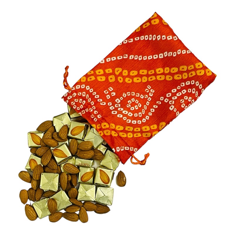 Krisah Pack of 50 pcs Potli Gift Pouches Bags, Small Size,18 cm X 12 cm, Bandhej Print, Orange - Image 4