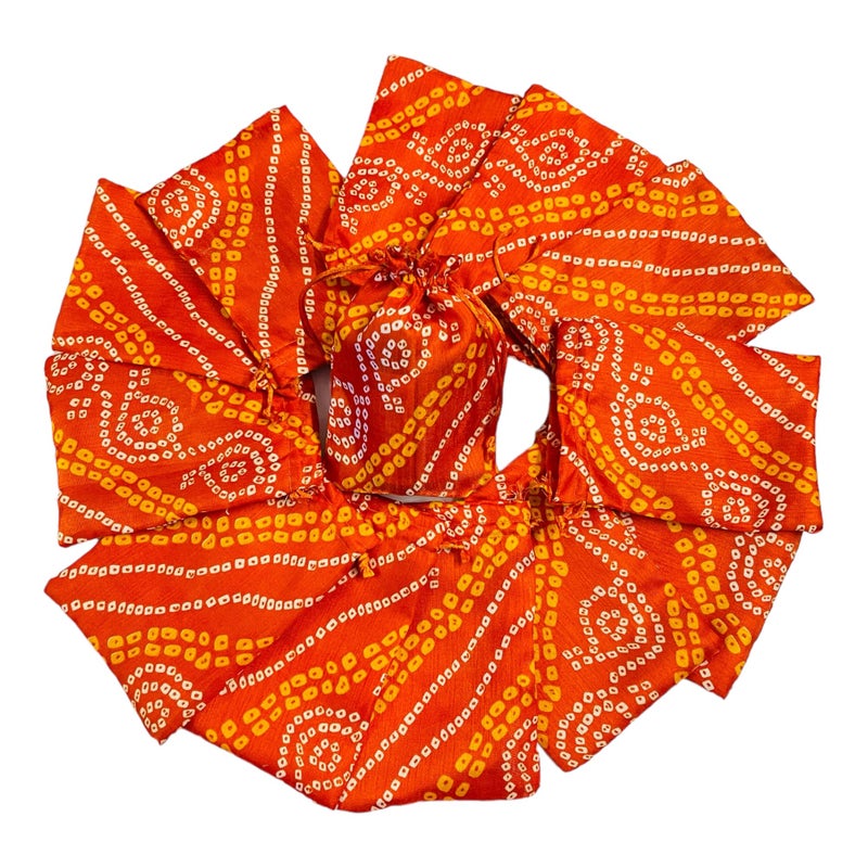 Krisah Pack of 50 pcs Potli Gift Pouches Bags, Small Size,18 cm X 12 cm, Bandhej Print, Orange - Image 1