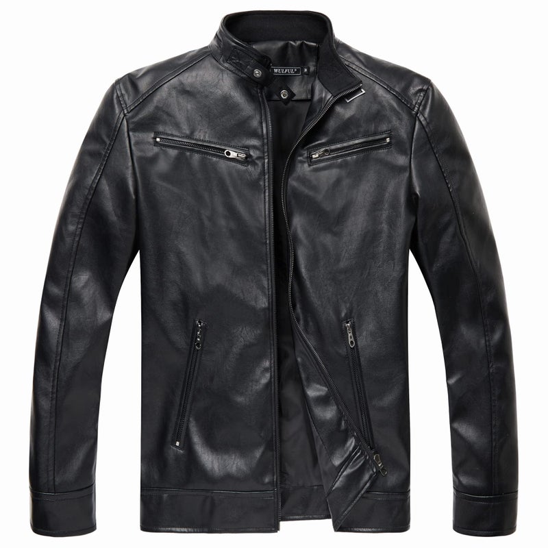 WULFUL Mens Stand Collar Leather Jacket Motorcycle Lightweight Faux Leather Outwear - Image 2