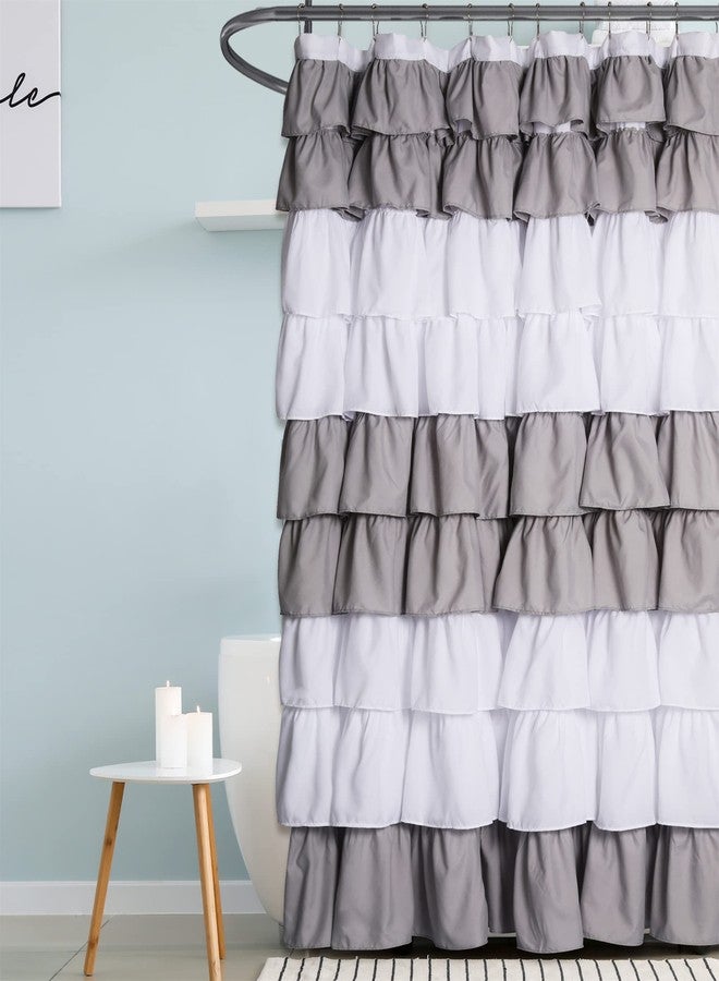 Moslovstar 72" x 72" Elegant Ruffle Shower Curtain Modern Farmhouse Fabric Shower Curtain for Bathtub Shower Area Decoration, Grey and White - Image 3